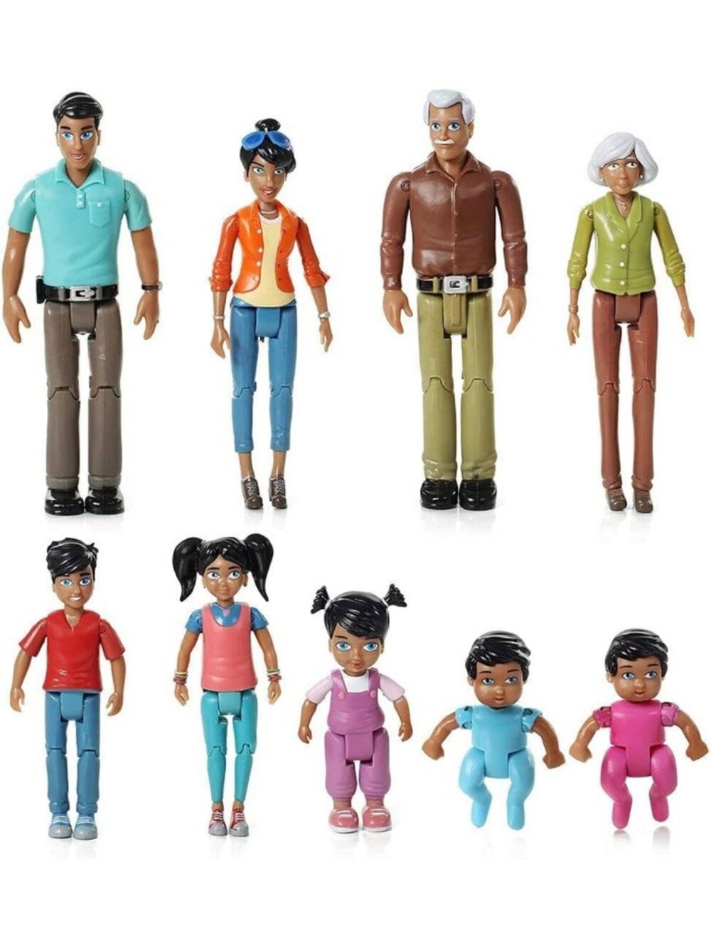 Hispanic Dollhouse Family Set of 9 - Action Figures: Grandpa, Grandma, Parents